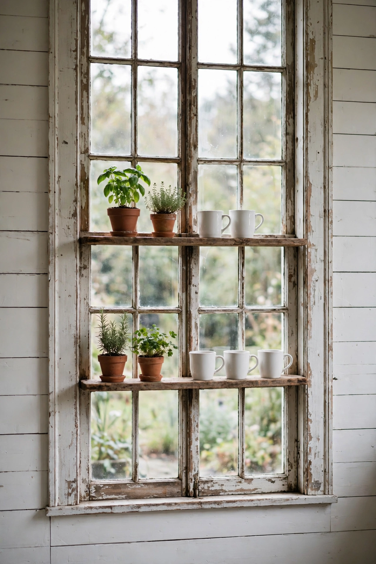Tall old window frame with small wooden shelves mounted across the panes holding mugs
