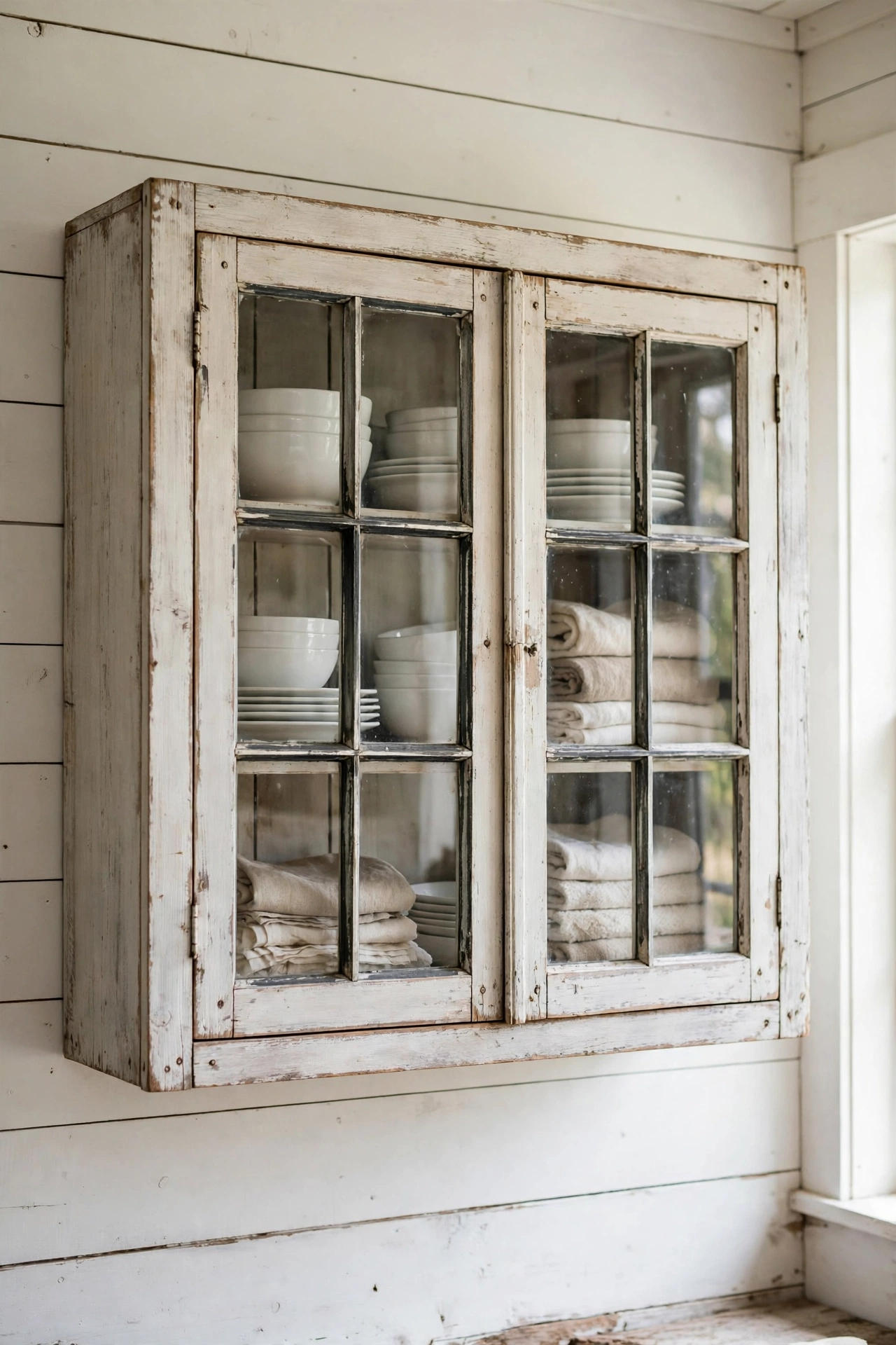 Rustic wall cabinet with old window sashes as glass doors displaying dishes