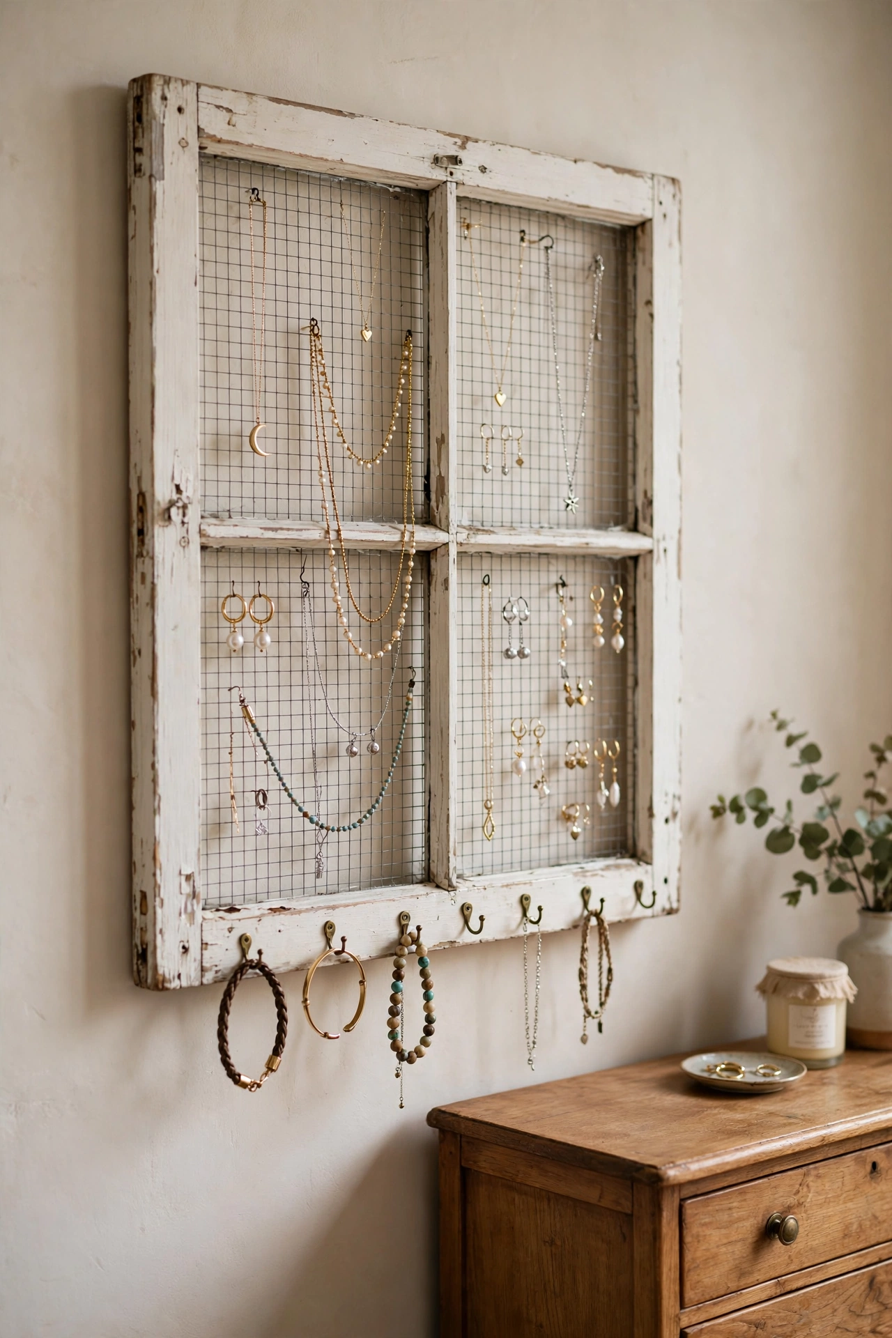 Old window frame with wire mesh holding earrings and necklaces in a bedroom