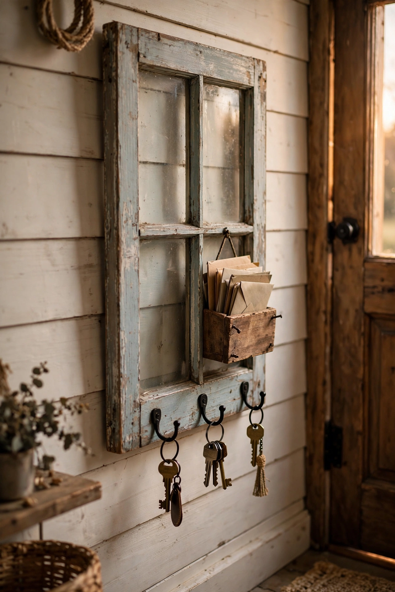 Narrow old window by the front door with hooks for keys and a slot for mail