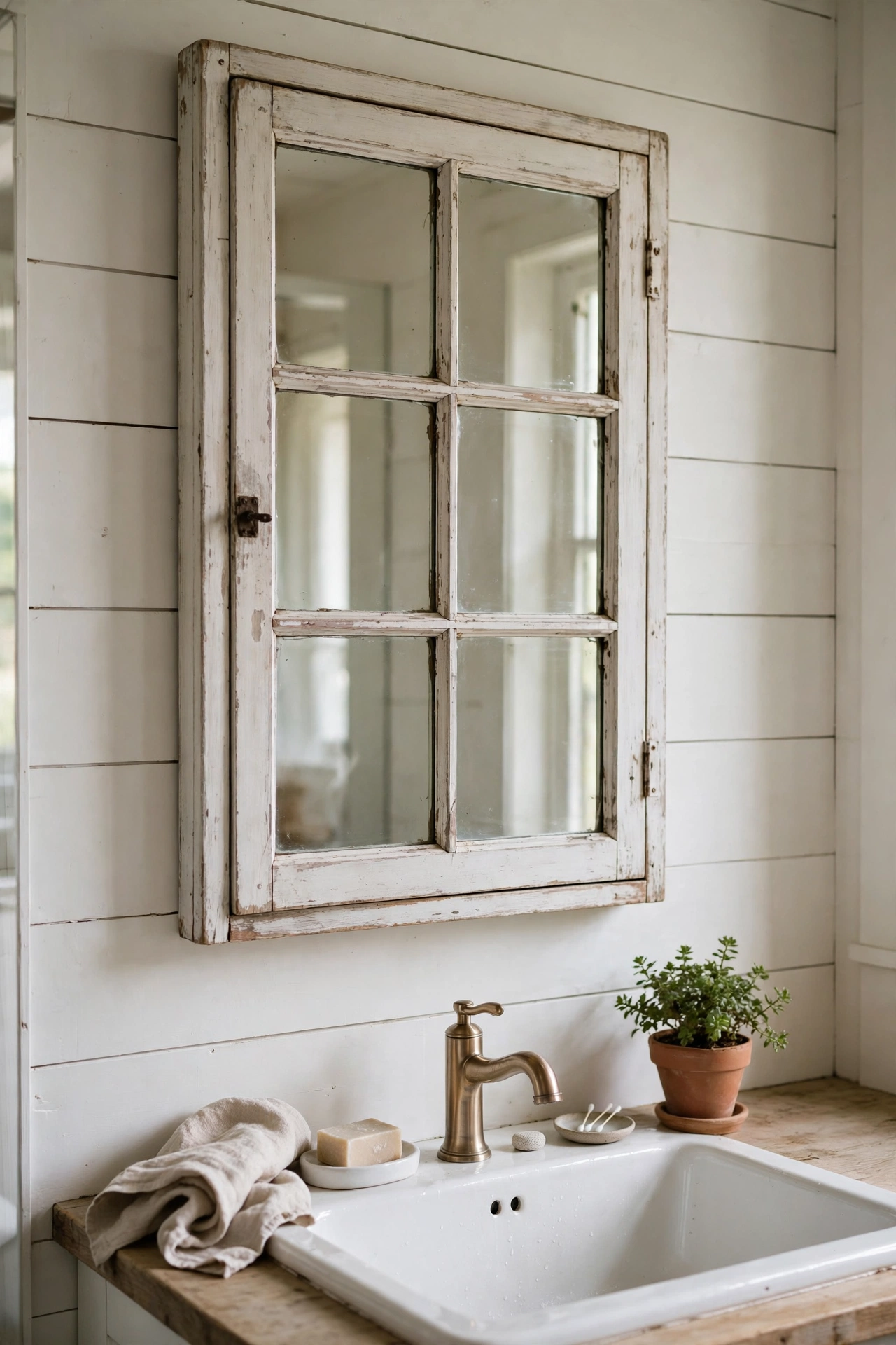 Old window frame mounted as a mirrored medicine cabinet in a farmhouse bathroom