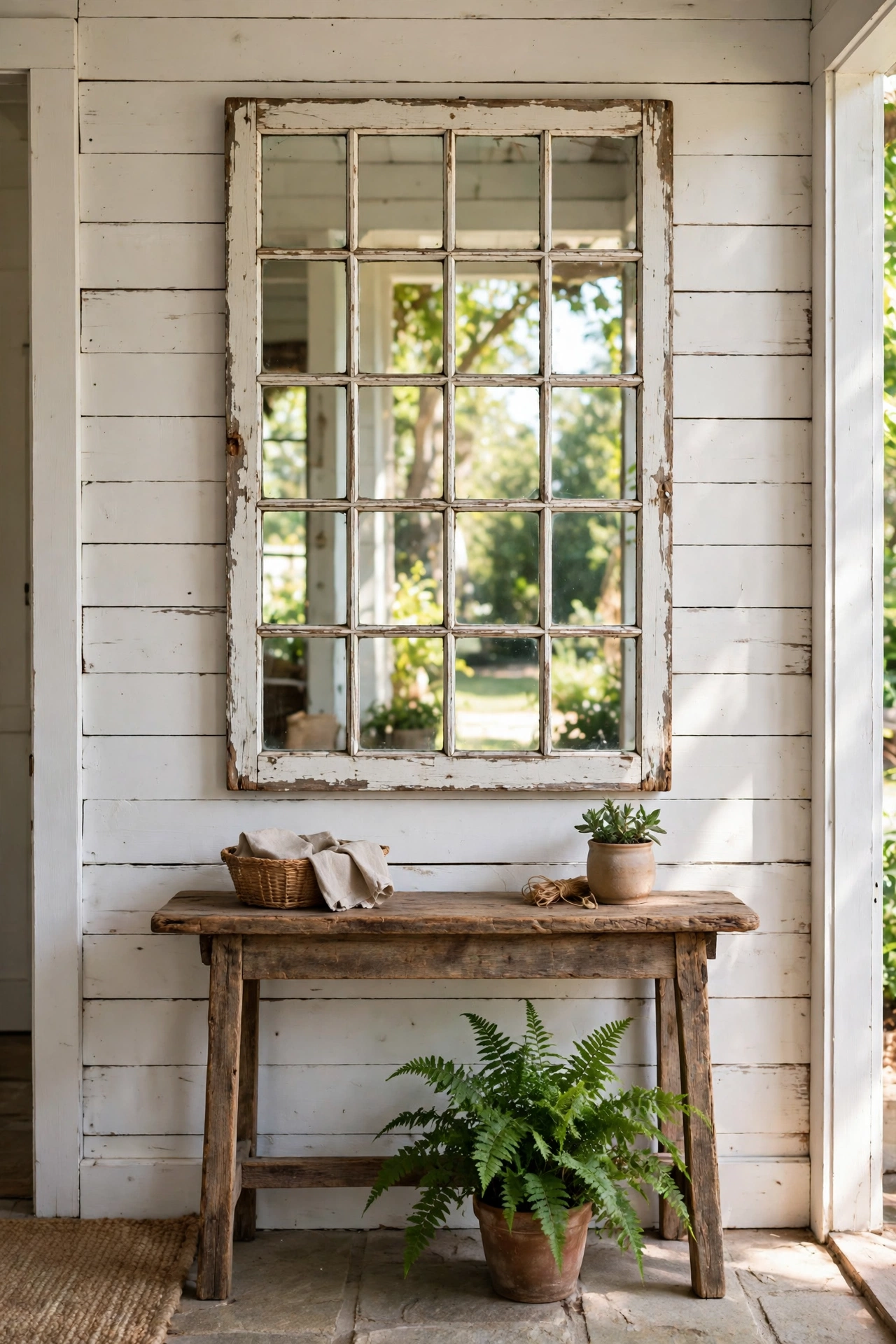 Distressed white window frame with mirror panes hanging in a farmhouse entryway