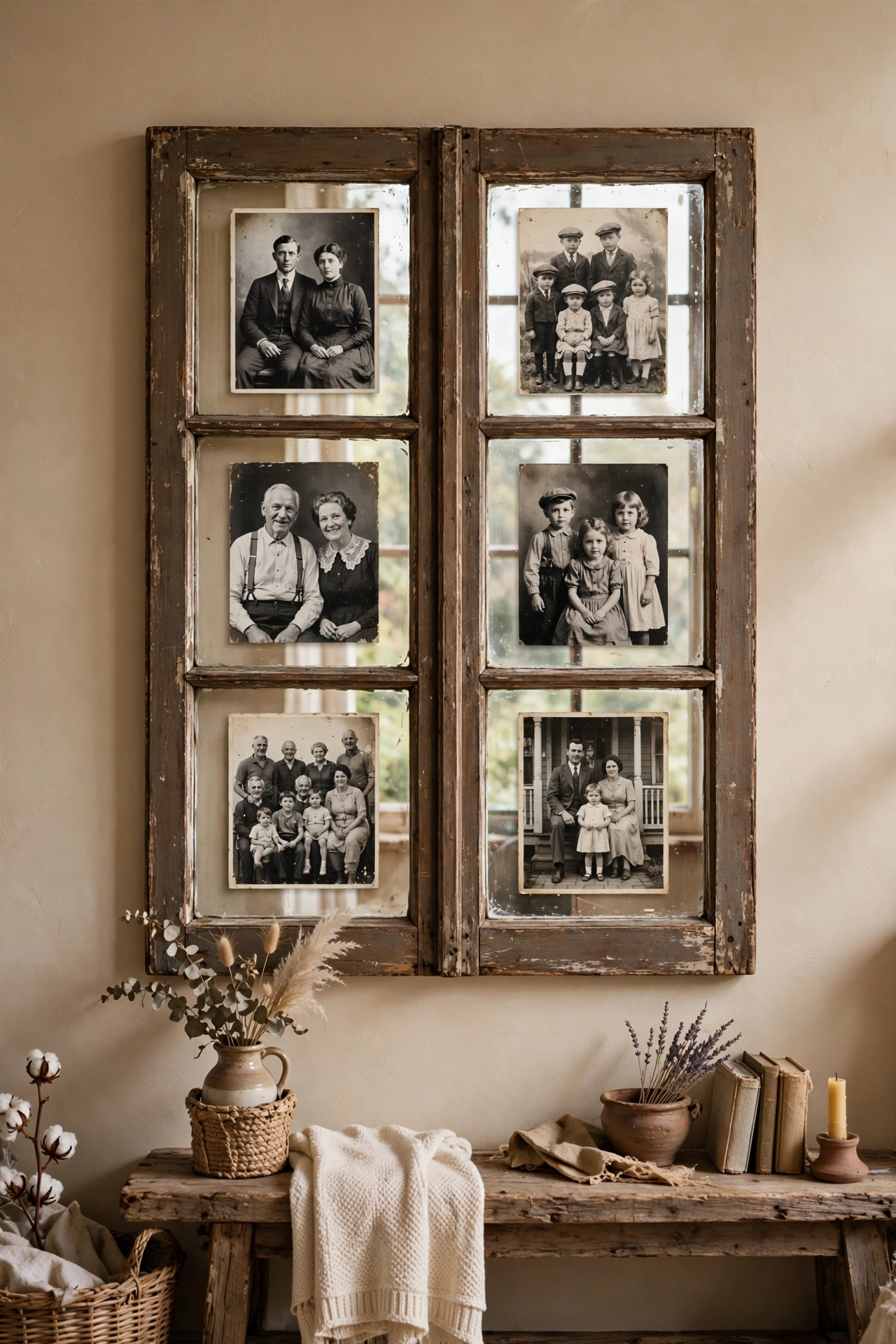 Old six-pane window frame displaying black and white family photos behind the glass