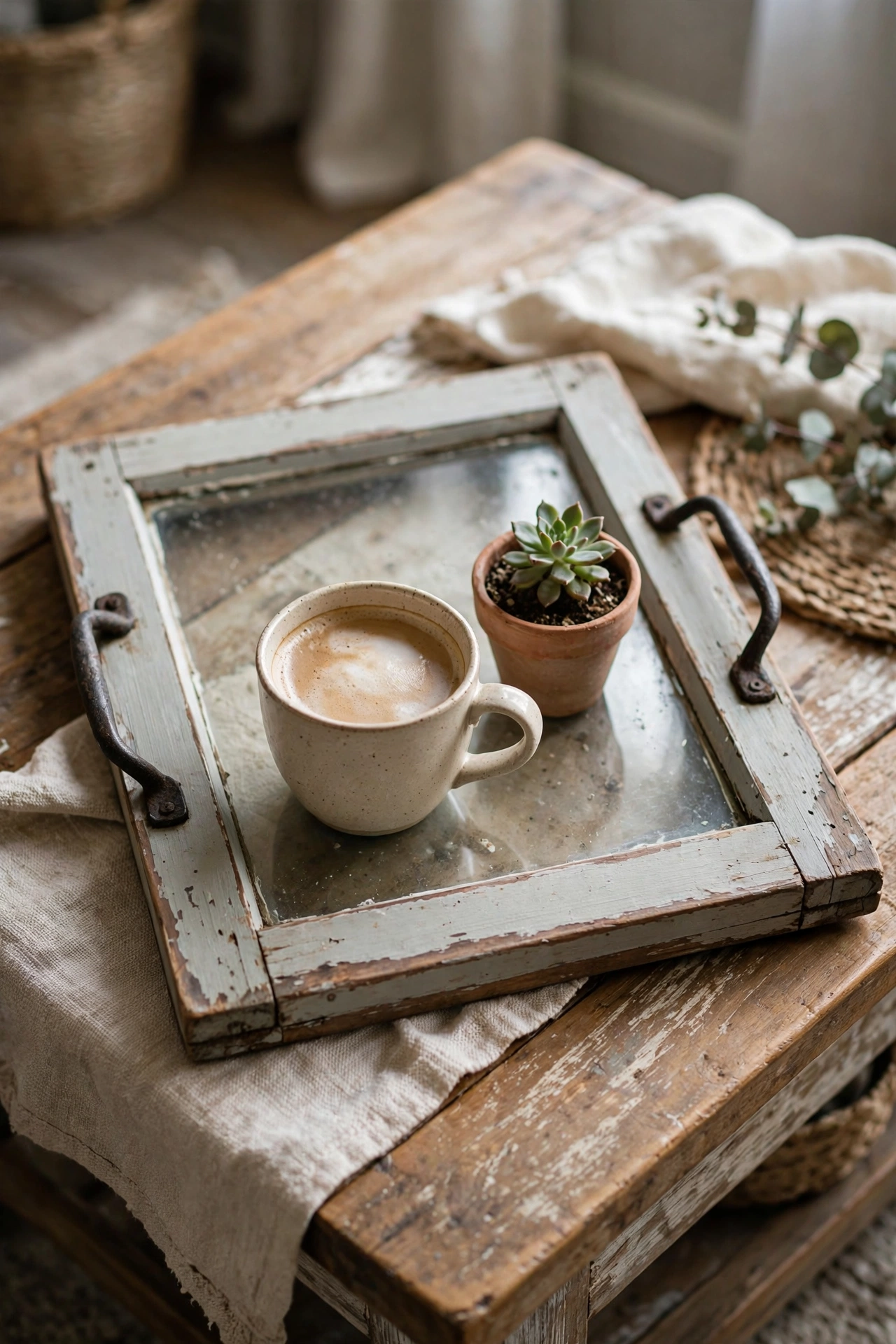Small old window with handles attached used as a rustic serving tray on a coffee table
