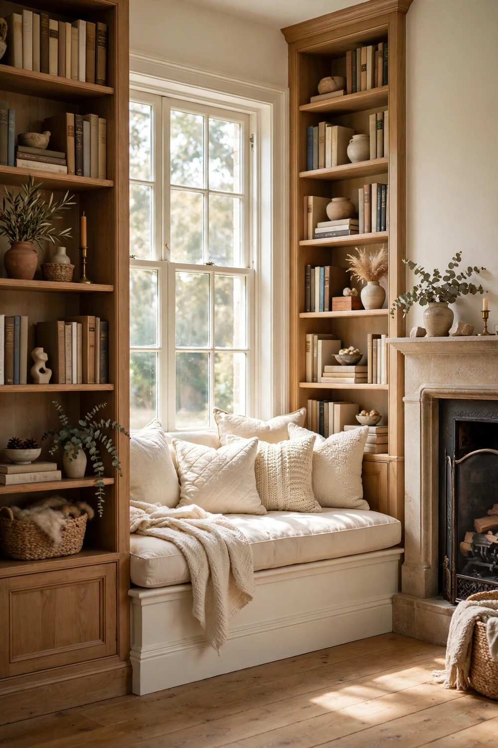 Window seat with plush cushions between two built-in bookcases beside a fireplace