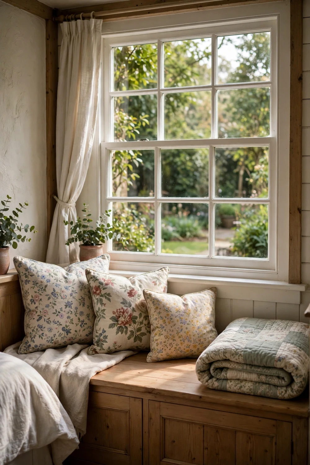 Window seat with floral cushions and a folded quilt overlooking a garden