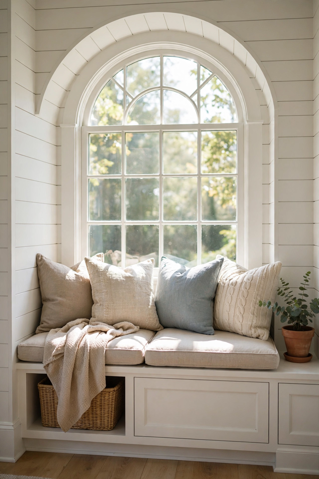 Charming window seat nook with white shiplap wall around a built-in bench with cushions