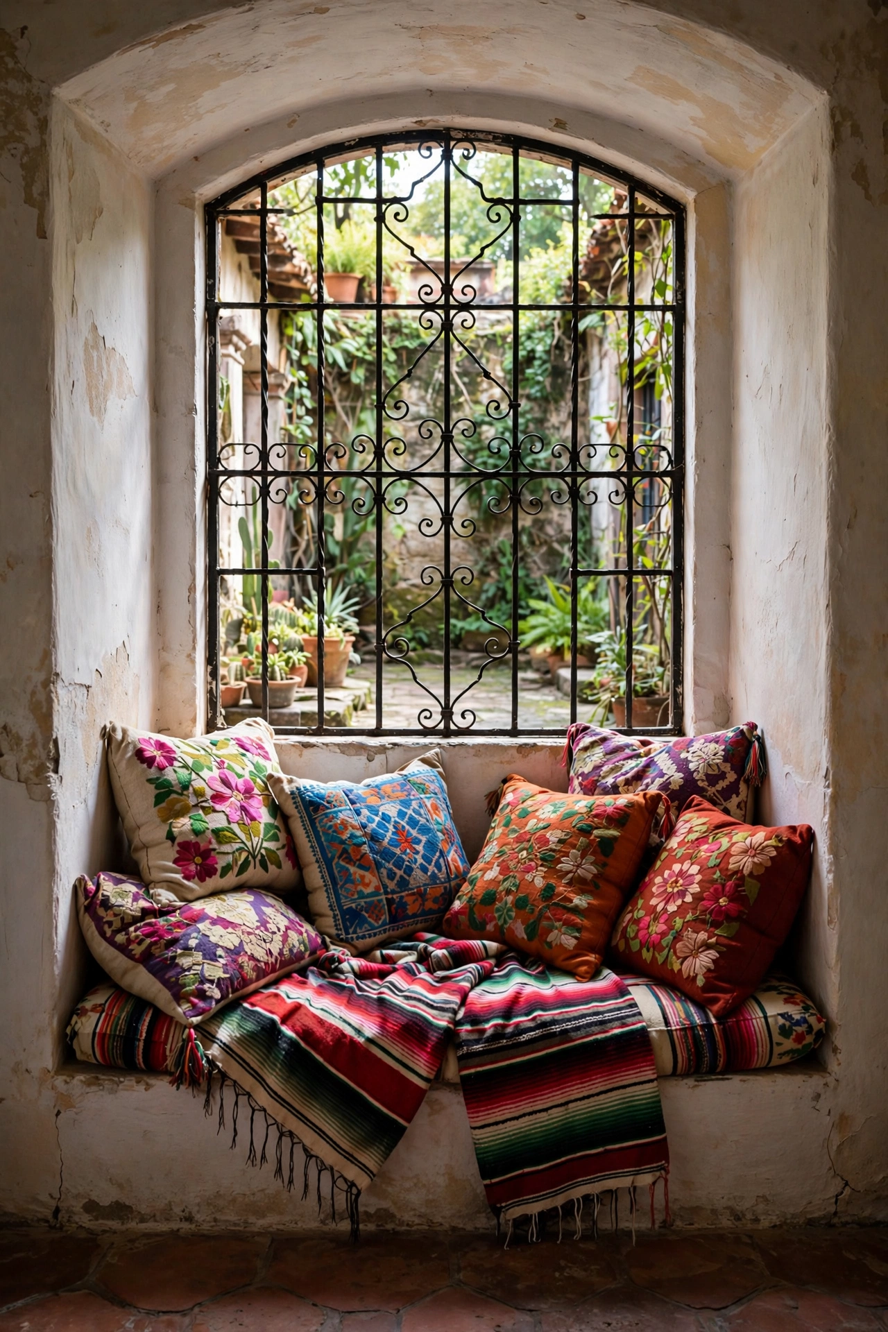 Window seat nook piled with colorful embroidered cushions under an arched window