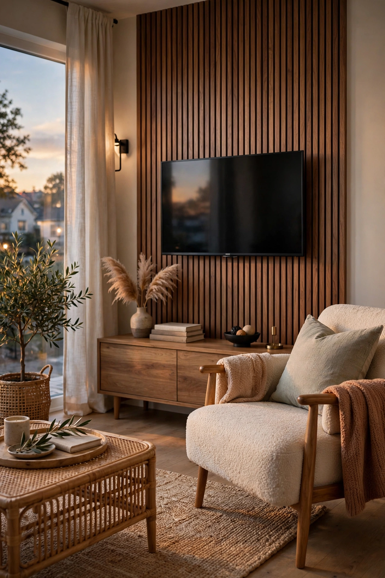 Vertical wood slat accent wall behind a TV in a modern living room
