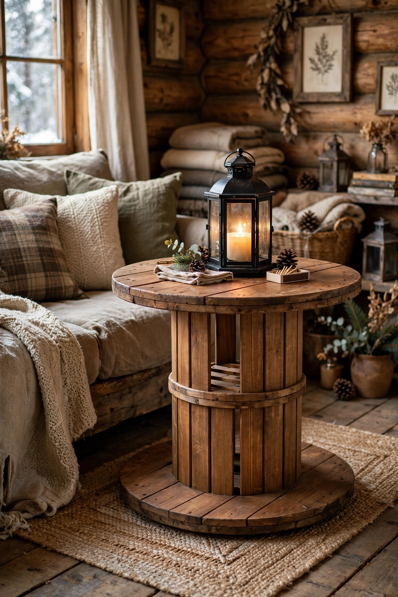 Wooden cable spool side table stained beside a rustic couch with a lantern