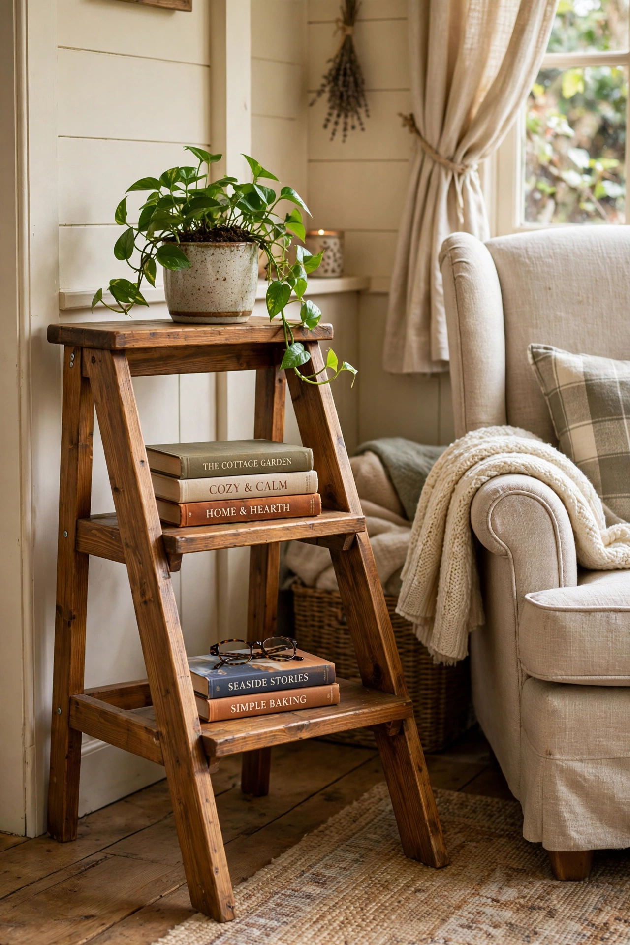 Wooden step ladder used as a side table with books and a plant beside a reading chair