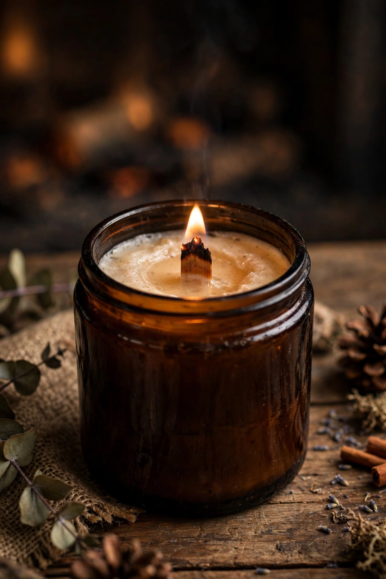 Lit homemade candle with wooden wick glowing in a dark amber jar