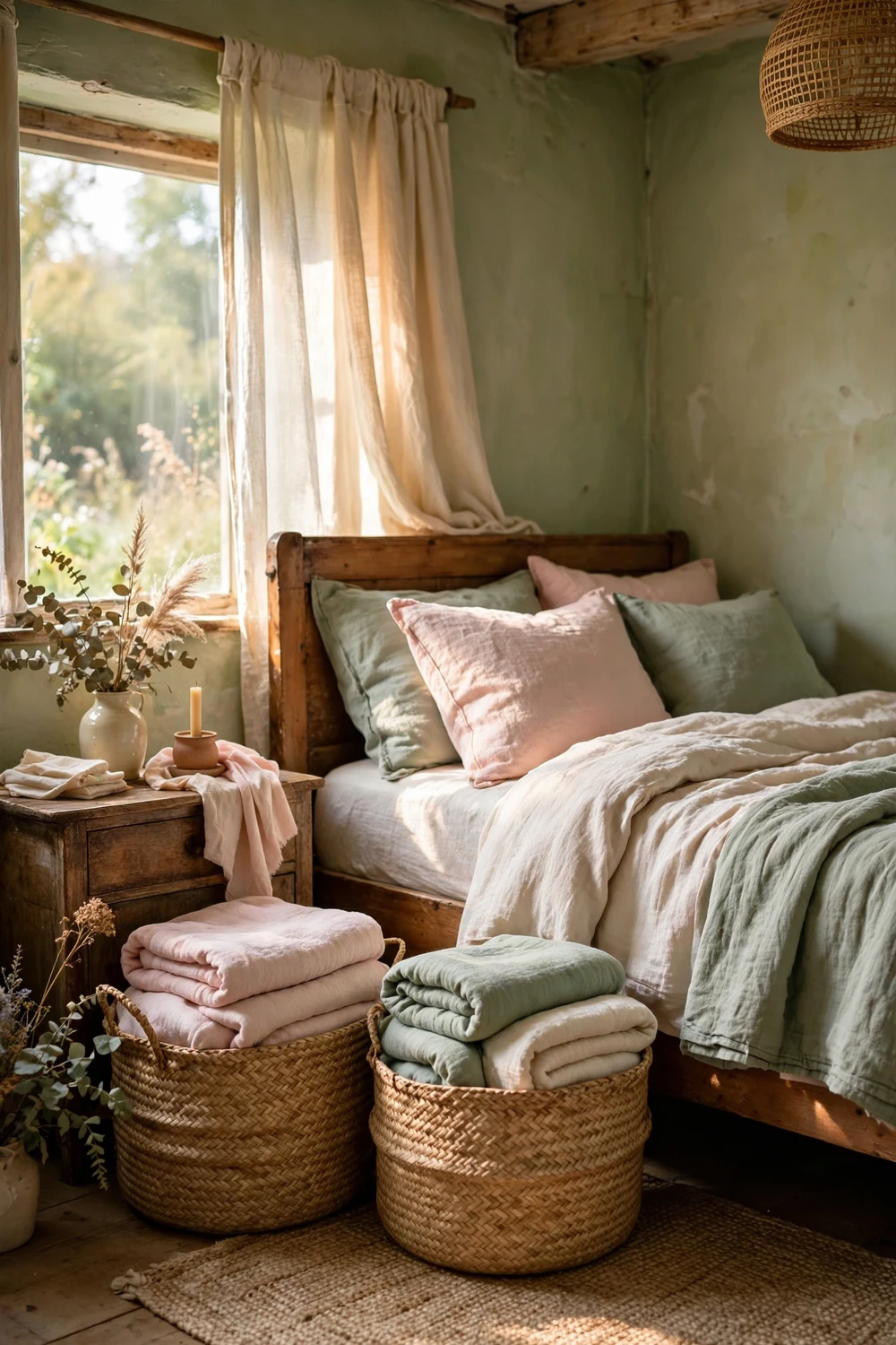Woven seagrass baskets with folded blankets beside a bed in a cottage bedroom
