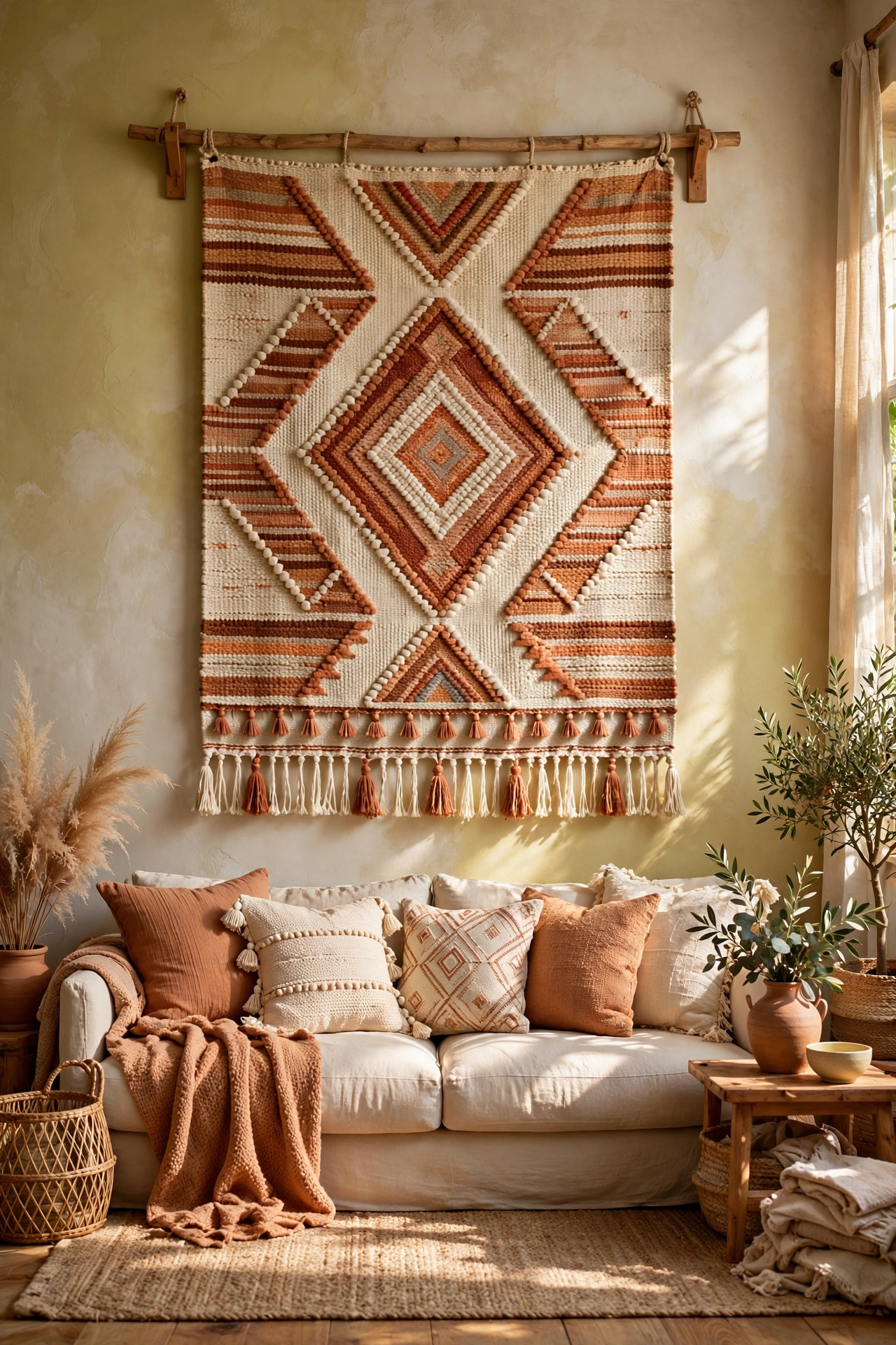 Large woven tapestry wall hanging in warm earthy tones above a boho living room sofa
