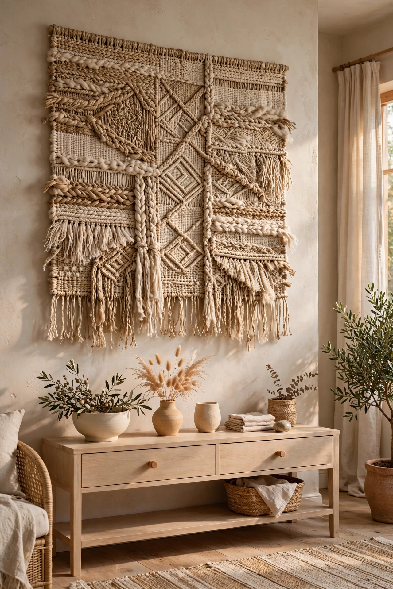 Woven textile wall hanging above a wooden console in a neutral living room