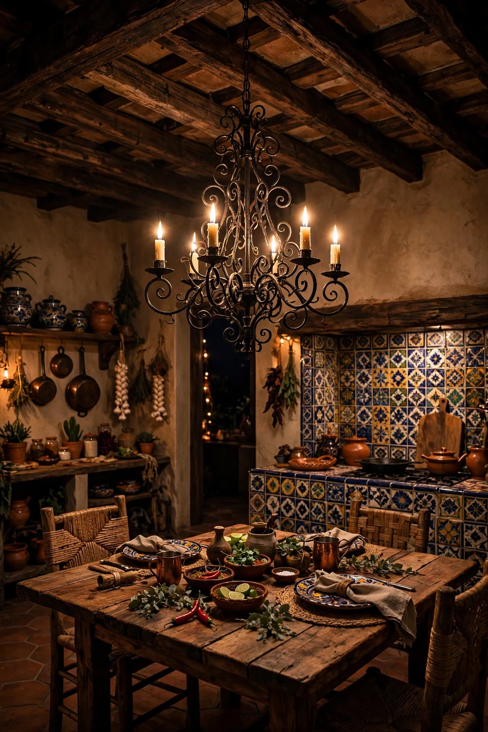 Ornate wrought iron chandelier with candle-style lights over a Mexican kitchen table