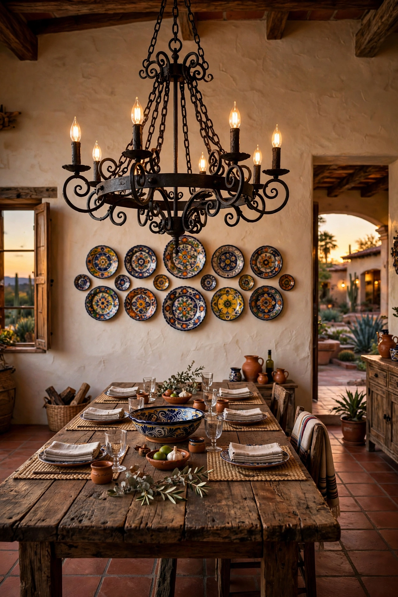 Hacienda dining room with hand-forged wrought iron chandelier over a rustic wooden table