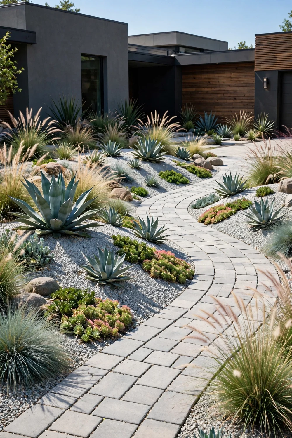 Water-wise xeriscape front yard with concrete pavers winding between succulents and gravel