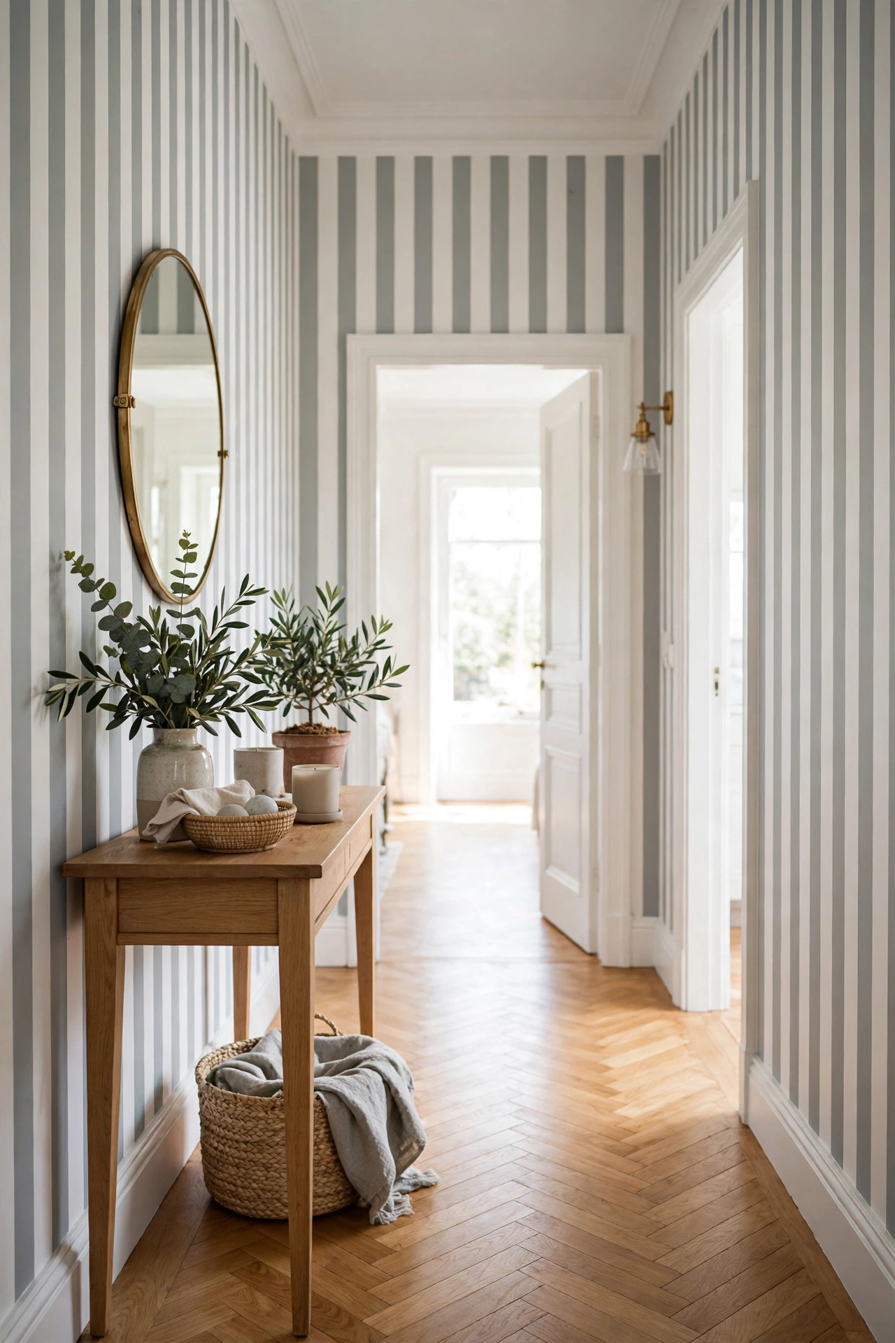 Timeless hallway with York Wallcoverings grey and white classic stripe easy-strip wallpaper