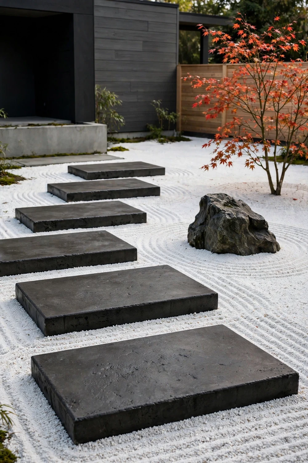 Minimalist zen front yard with large concrete paver stepping pads set in raked white gravel